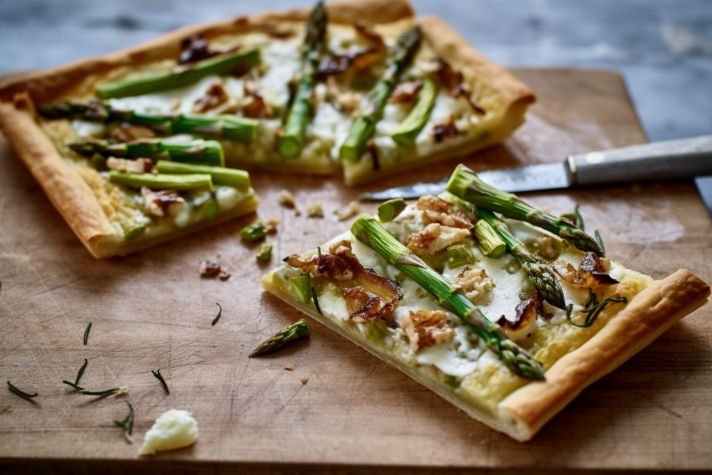 Veganer Flammkuchen mit Räuchertofu und Spargel