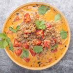 Kokos-Ingwer-Suppe mit Tomaten, Linsen, Garam Masala und Koriander